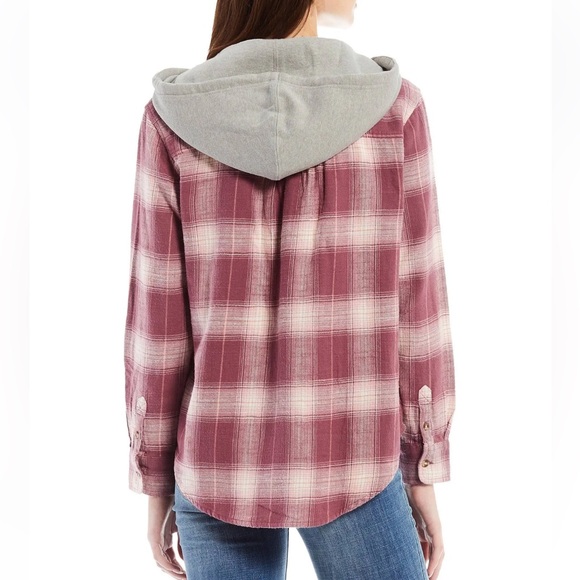 Lucky BrandšFlannel Plaid Button Front Pink Plaid Cropped Hoodie, Size Small - Picture 3 of 14